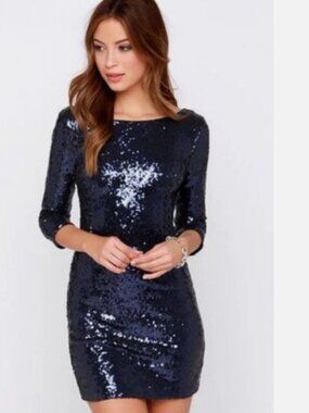 Lulus Delightful Ways Navy Blue Sequin Dress Bodycon Mini 3/4 Sleeve Size Small